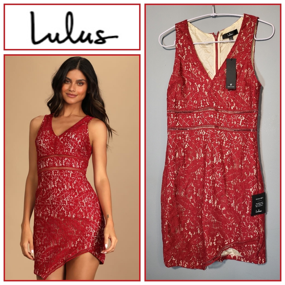 NWT Lulu's Size Small Drinks On The Terrace Red Dress Lace Mini Assymetric